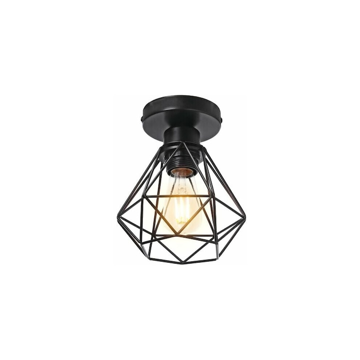 Plafonier semi-incastrat stil industrial retro, din fier, cu abajur tip cusca, negru