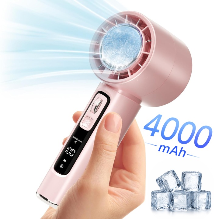 Ventilator de Mana Fara Lame, Ultra-Compact, cu Racire Instanta in 3 Trepte, Reglaj Fin in 100 Niveluri, Motor 14000 RPM, Display Digital, Baterie 4000 mAh, USB-C, Roz, EL01-B