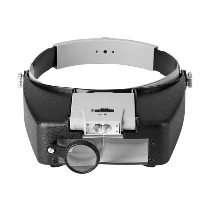 Lupa frontala, lupa de cap cu iluminare LED, dubla lentila escamotabila, reglabila pentru lucrari de precizie, negru/gri, 1 buc