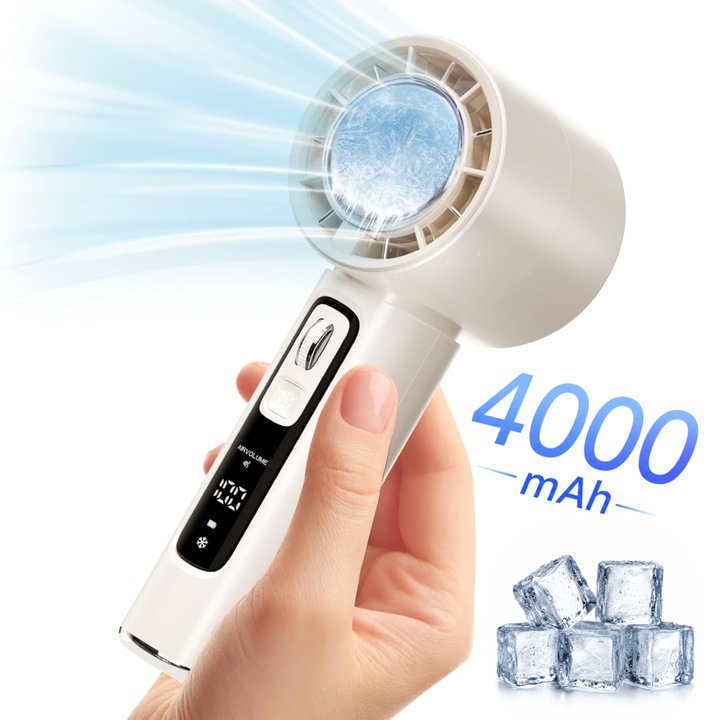 Ventilator de Mana Fara Lame, Ultra-Compact, cu Racire Instanta in 3 Trepte, Reglaj Fin in 100 Niveluri, Motor 14000 RPM, Display Digital, Baterie 4000 mAh, USB-C, Bej, EL01-C