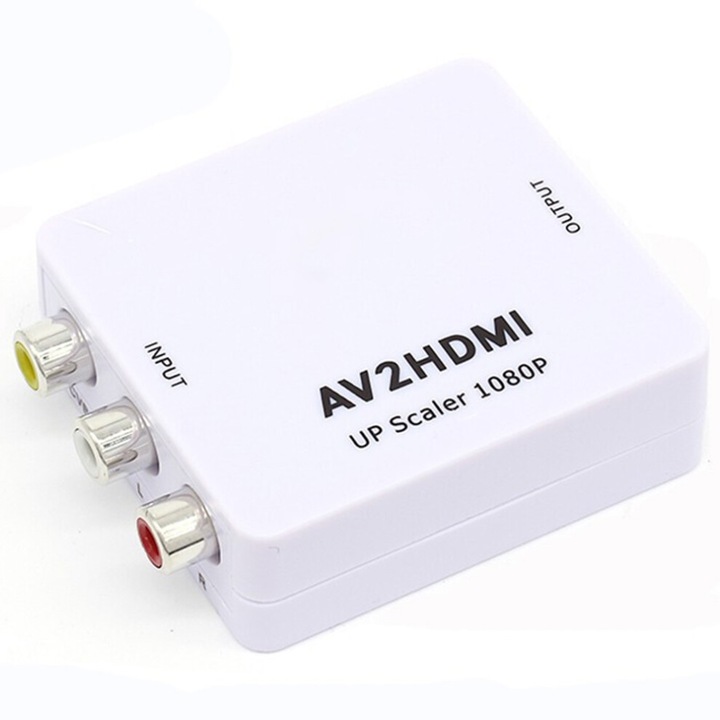RCA-HDMI átalakító/adapter AV2HDMI Up Scaler 1080P, jelkezeléssel, CVBS kompatibilis, PAL/NTSC, alacsony fogyasztású digitális processzor, Fehér
