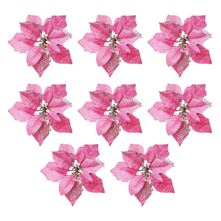 8 db csillogó műpoinsettia virág szett, minimalista design, többszínű
