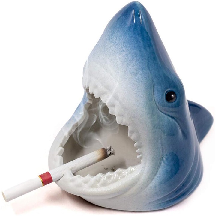 Hamutartó, elegáns cápa alakú hamutartó, szélálló, szivarokhoz és cigarettákhoz, csúszásmentes, könnyen tisztítható, kék/fehér, 1 db