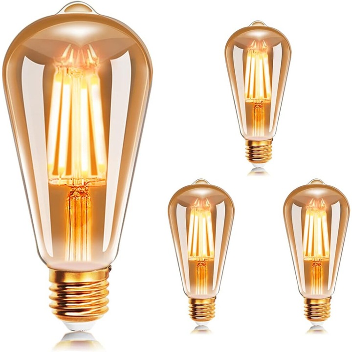 Bec LED cu filament ST64 stil Edison, 6W 540 lm, soclu E27, nedimabil, cu detectie de luminozitate, lumina ambrata 2200K