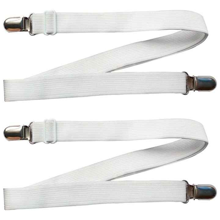 Sisteme de fixare pentru cearsafuri, prinderi/cleme, benzi elastice reglabile, cleme metalice robuste, alb