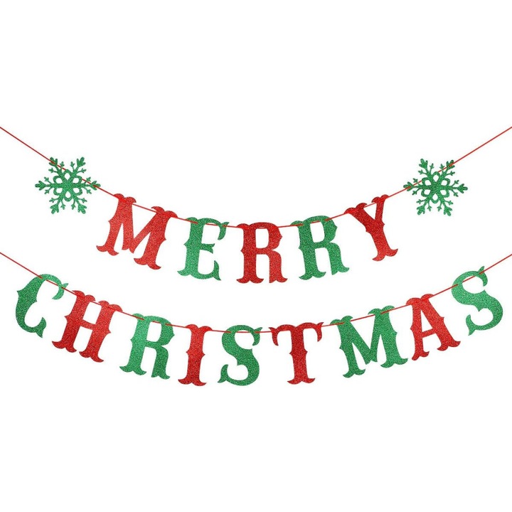 Karácsonyi füzér, "Merry Christmas" feliratú karton girland, flitterekkel, kandallóra, falra vagy ablakra, piros/zöld, 1 szett