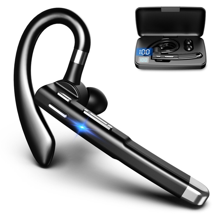 Bluetooth fejhallgató aktív zajcsökkentéssel, Bluetooth 5.1 hi-fi, mikrofon hívásokhoz, meghosszabbított üzemidő, töltőtok kijelzővel, Fekete