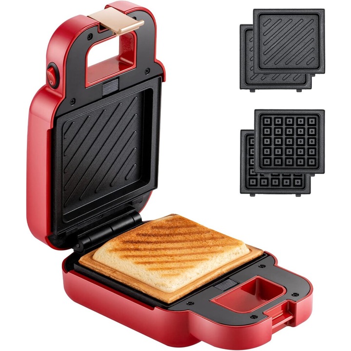 Aparat de sandwich electric sandwich maker, placi antiaderente detasabile, control temperatura reglabil, maner rece, Rosu, 1 buc