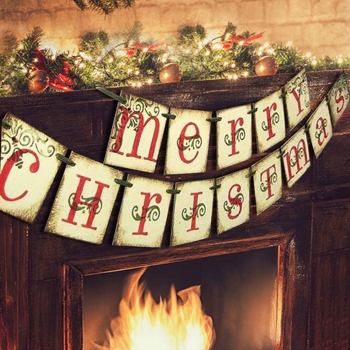 Joyeux Noel karácsonyi dekorációs szalag, vintage stílusú, kandallóra, antikolt barna