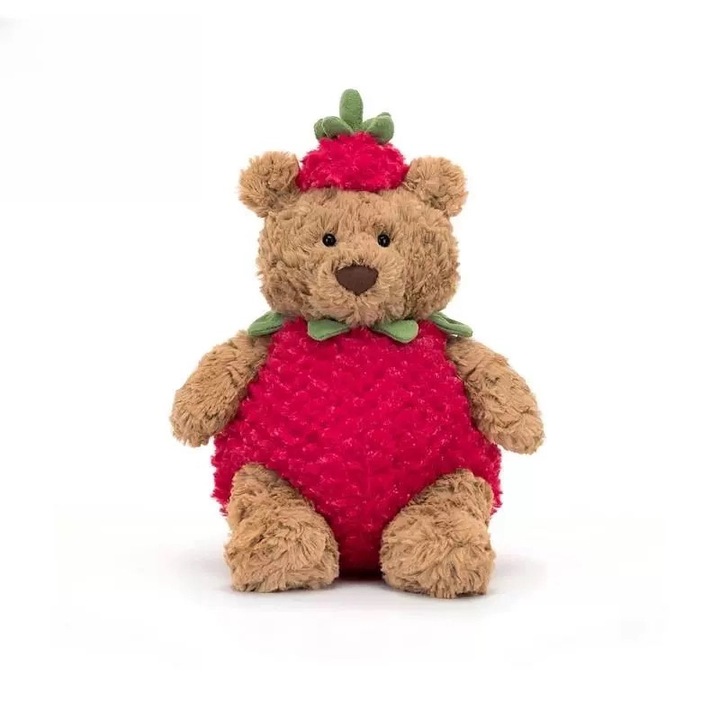 Плюшено мече Jellycat Strawberry Barcelona Bear, с дизайн на ягода, меко, за деца, червено/кафяво, 26 см