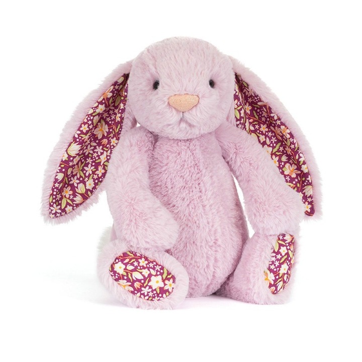 Jucarie de plus iepuras Jellycat Purple Amber Bunny, extra moale, cu urechi si talpi cu imprimeu floral, lila, 31 cm