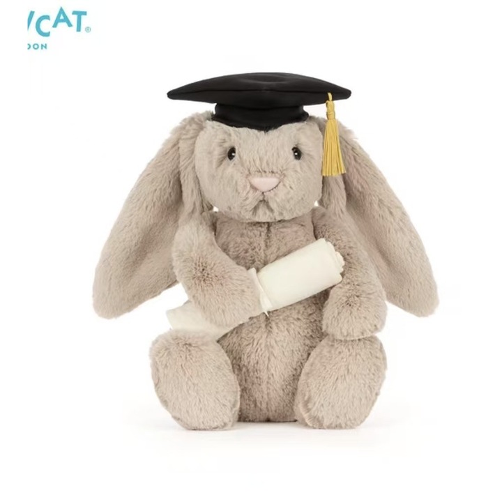 Jellycat plüss nyúl, puha, ballagási sapkával és diplomával, bézs, 31 cm