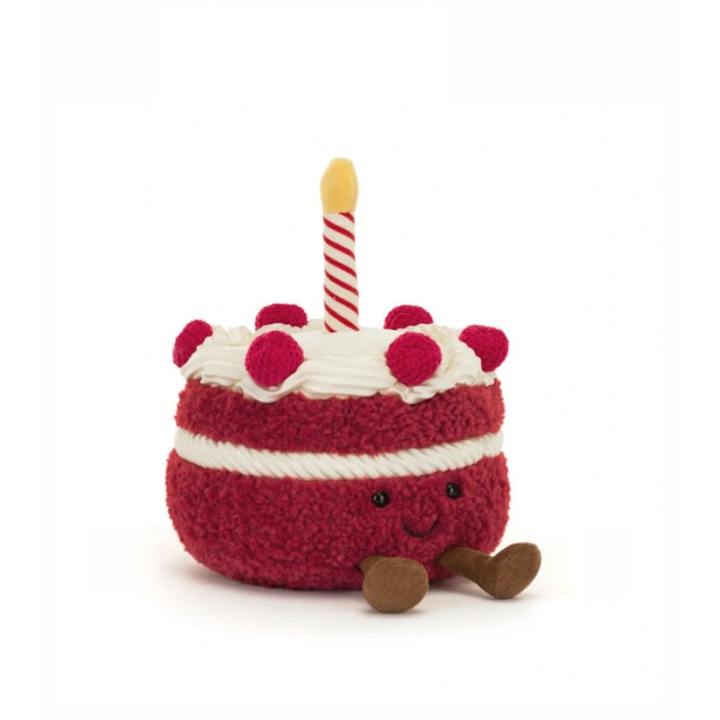 Jellycat Red Velvet Cake plüssjáték, puha plüssből, dekoratív gyertyával, piros/fehér, 20 cm