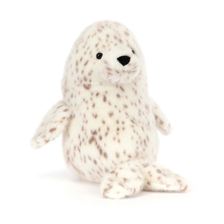 Плюшена играчка Jellycat Taro Seal, мека, пухкава, бяла с кафяви петна, 26 см