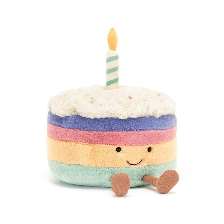 Jellycat Szivárvány Torta plüss, puha, mosolygós arccal és gyertyával, Többszínű, 20 cm