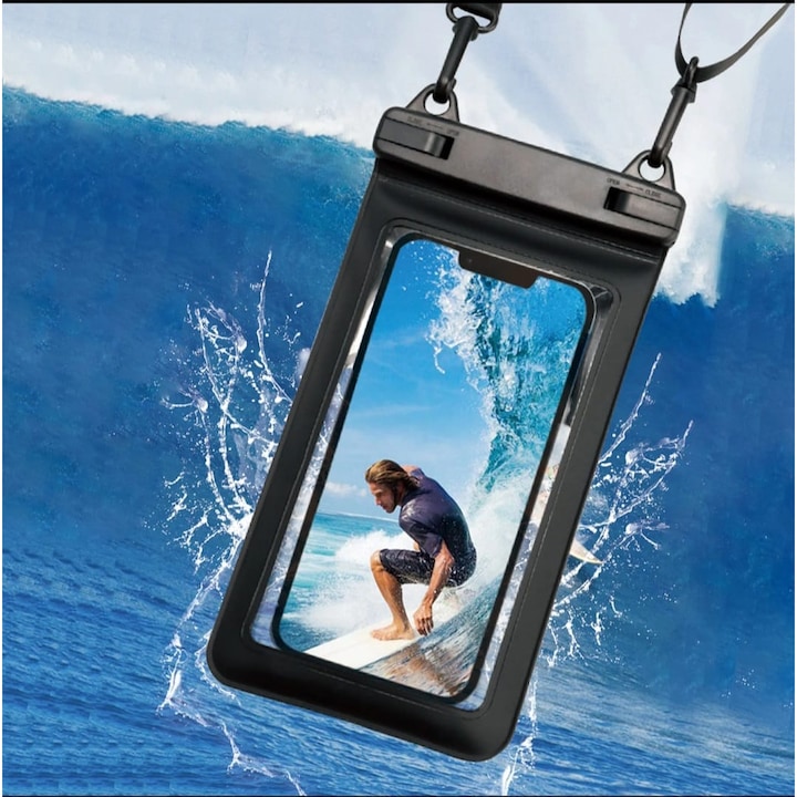 Husa Waterproof Universala pentru Telefon, PVC – Policlorura de Vinil Premium, Etansa IPX8, Protectie Apa/Nisip/Praf, Touch Functional Sub Apa, pentru Plaja, Piscina, Surf, Vacante si Sporturi Acvatice, Negru