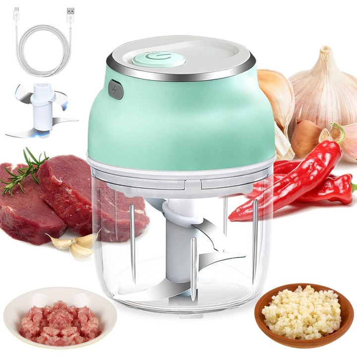 Tocator electric pentru usturoi, mini robot culinar reincarcabil USB, compact, motor puternic, verde menta