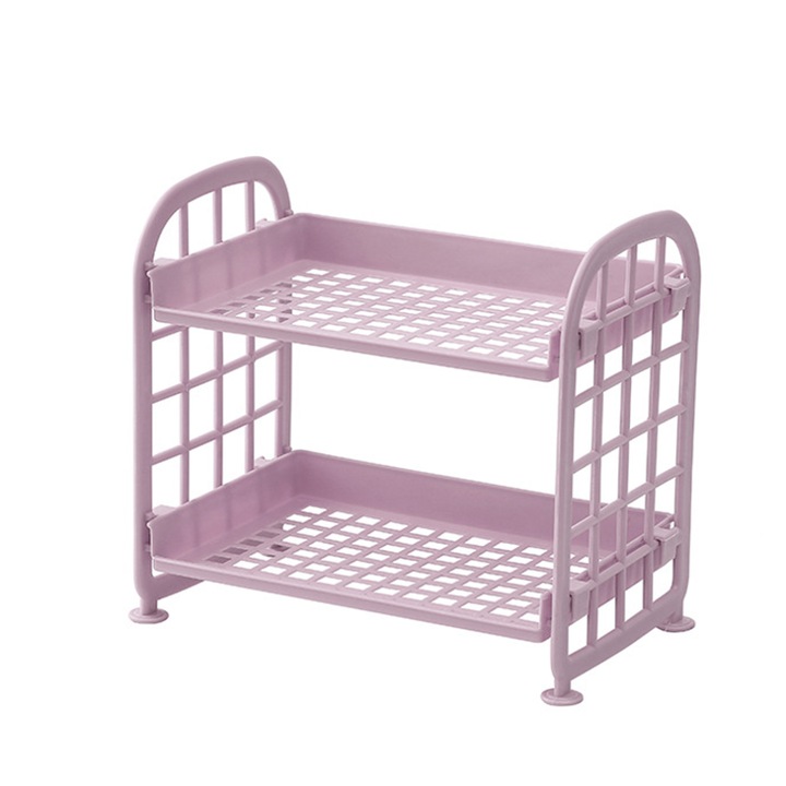 Etajera de depozitare, organizer din plastic multifunctional, 2 niveluri, compacta pentru birou si casa, roz, 1 buc
