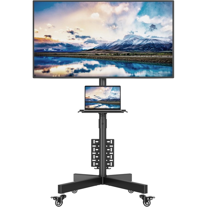 Suport TV mobil cu roti pentru televizoare de 23-55 inch, reglabil pe inaltime si inclinare +6°/-3°, compatibil VESA 400x400, cu raft pentru laptop/consola, pentru LED, LCD, OLED, Plasma, capacitate 40 kg, negru