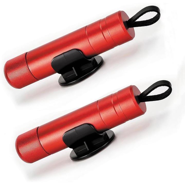 Set 2 ciocane de siguranta auto 2-in-1, spargator de geam cu mecanism cu arc, taietor de centura integrat, rosu, 3.5 inch