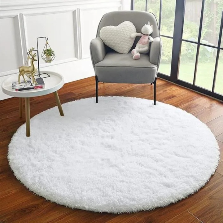 Covor rotund 140cm alb, material sintetic, antiderapant, moale