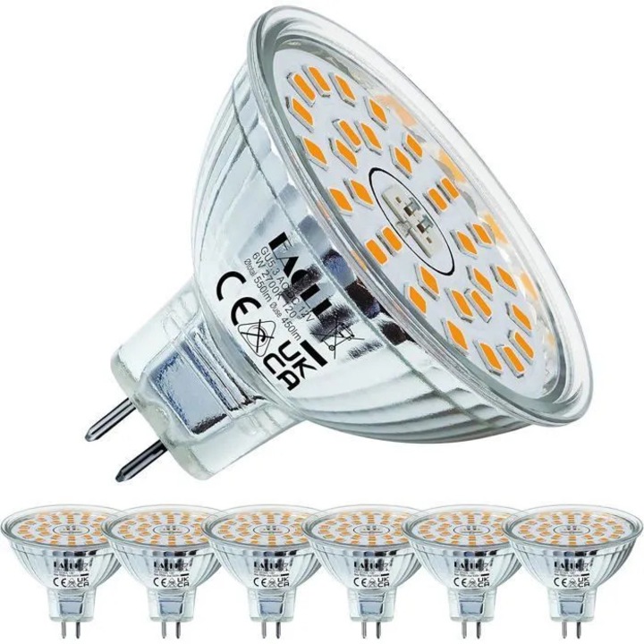 Bec LED MR16 GU5.3 12V 5W, echivalent 35W halogen, 400 lm, 2700K alb cald, CRI Ra80, 120° fascicul, 50x48 mm, set 6 buc