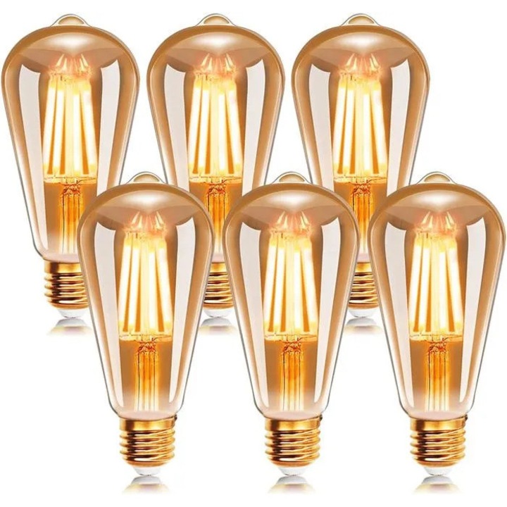6 db LED filament E27 ST64 izzó készlet, vintage, meleg fehér, 6Wx2200K