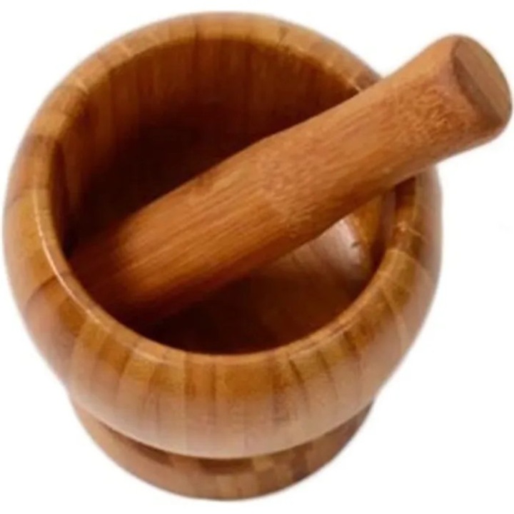 Mojar cu pistil din bambus si lemn, pentru zdrobirea usturoiului, ghimbirului, ierburilor si semintelor, natural, 1 buc