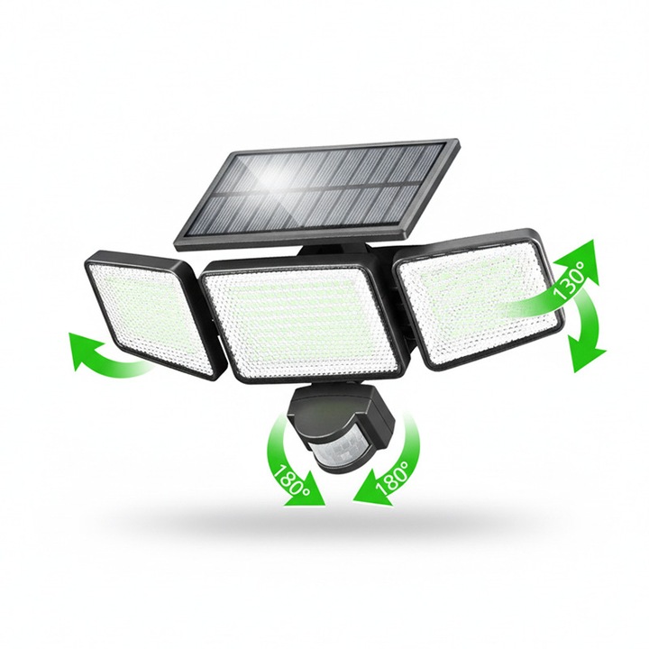 Lampa solara de securitate 302 LED 1200 lm, 3 capete, alb rece, IP65, 20m, 1800mAh