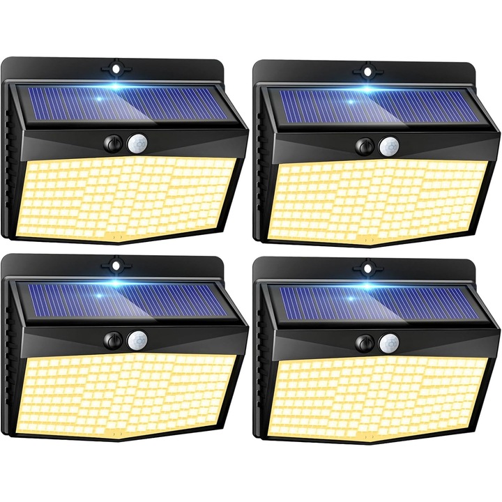 Set 4 lampi solare de exterior cu senzor de miscare, LED, 3 moduri, rezistente la apa, alb cald