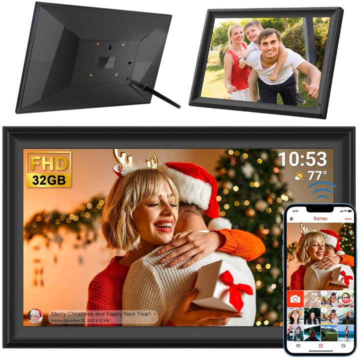 Rama Foto Digitala WiFi 15.6 inch FHD IPS, Frameo App, Memorie 32GB, Qova®, Touchscreen, Redare Foto & Video, Transfer Poze si Video prin Telefon, Auto Rotate, Control de la Distanta prin Aplicatie, Montare pe Perete sau Suport, 1920x1080, Negru