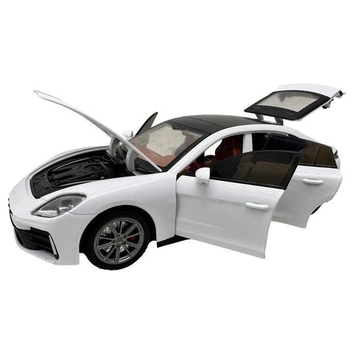 Porsche Panamera modellautó 1:24 fém replika fehér fényekkel és hangokkal, nyitható ajtók, motorháztető, csomagtartó, visszahúzós funkcióval