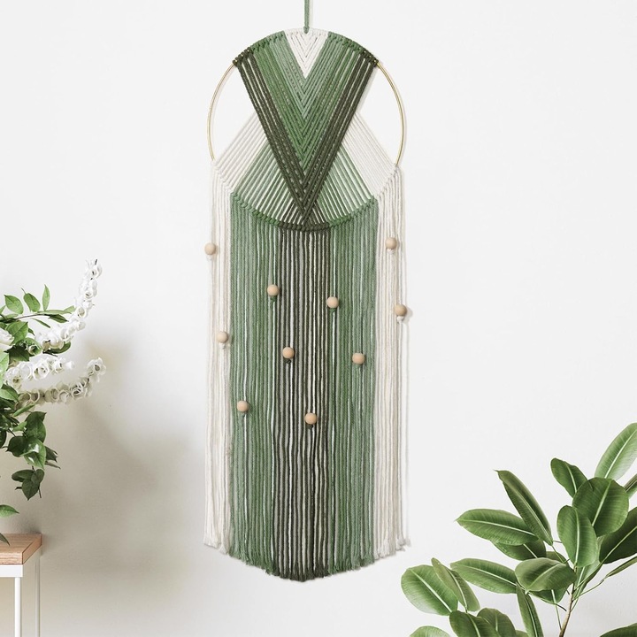 Decoratiune perete macrame, bej-verde, 25x71cm, bumbac, margele lemn