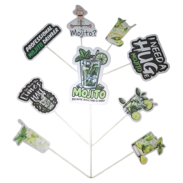 Decoratiune topper tort carton, tematica Mojito, aniversare - 9 piese