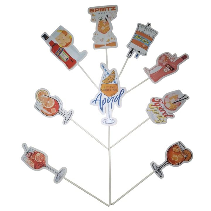 Decoratiune topper tort carton, tematica Aperol, aniversare - 9 piese