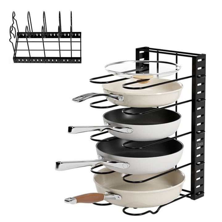 Suport Organizator SIKS Pentru Oale, Tigai Si Capace, Cu Separatoare Reglabile 19 cm, 5 Compartimente Ajustabile, Din Metal, Pentru Dulap Bucatarie, Economisire Si Organizare Spatiu, 40 x 20 x 5 cm, Negru