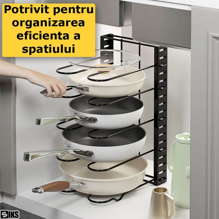 Suport Organizator SIKS Pentru Oale, Tigai Si Capace, Cu Separatoare Reglabile 19 cm, 5 Compartimente Ajustabile, Din Metal, Pentru Dulap Bucatarie, Economisire Si Organizare Spatiu, 40 x 20 x 5 cm, Negru