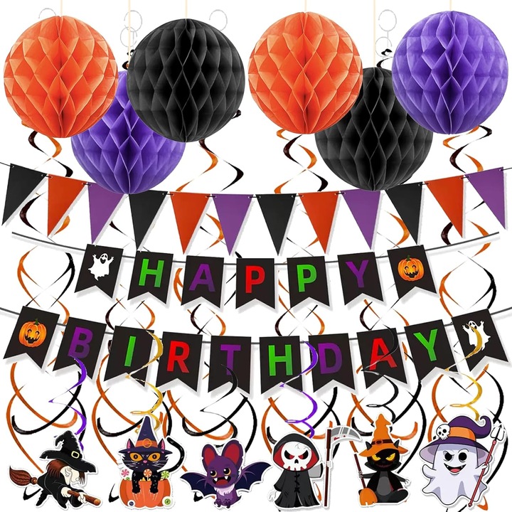 Articole pentru petrecerea de Halloween - Globuri tip fagure de miere - Banner triunghiular cu fanioane - Spirale infricosatoare suspendate