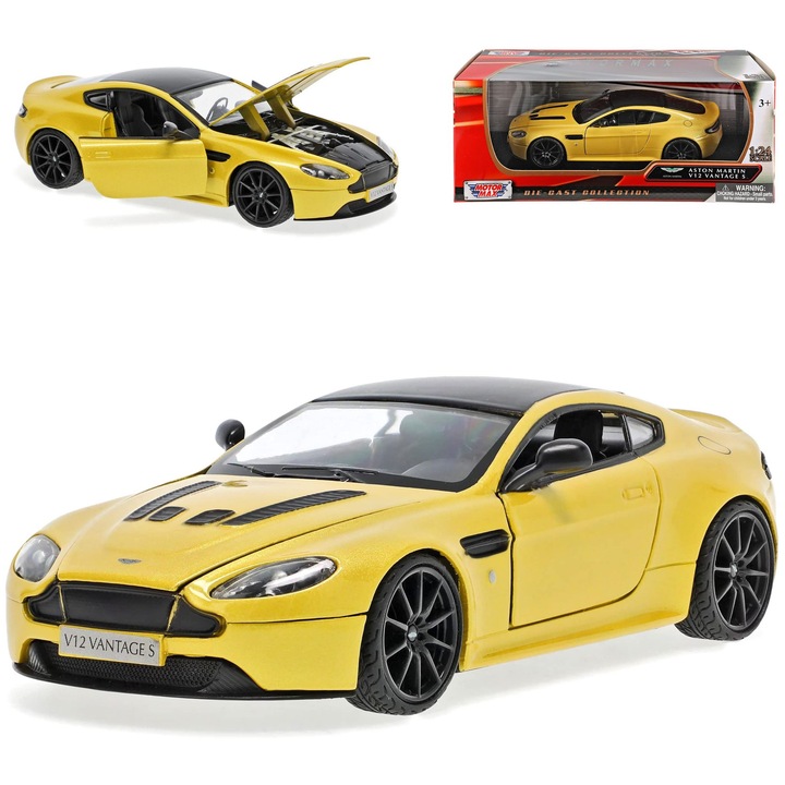Aston Martin V12 Vantage S sárga modellautó 1:24 fém replika nyitható ajtók motorháztető