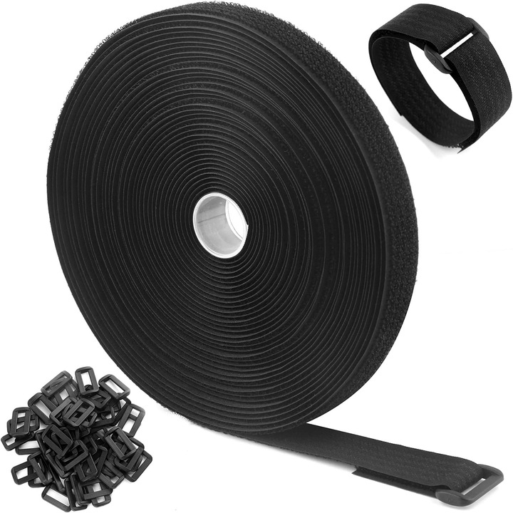 Banda Adeziva Velcro 10m cu 50 Catarame, Negru, Latime 2cm