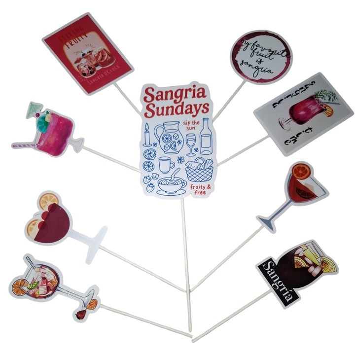 Decoratiune topper tort carton, tematica Sangria, aniversare - 9 piese