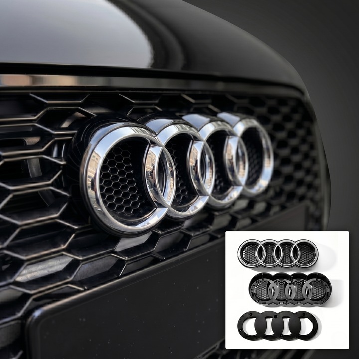 Suport Emblema Audi pentru Grila Fagure RS Look DRT WORKS + Emblema Crom, Set Montaj Complet, Compatibil A4 A5 A6 A7 Q3 Q5 Q7 Q8
