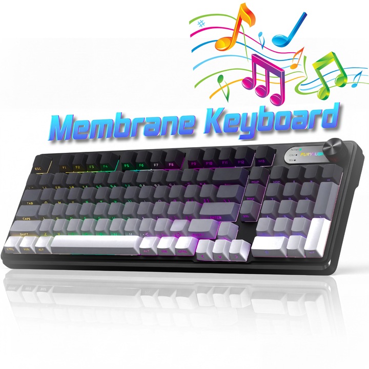 Безжична клавиатура FURYCUBE®️ MUSIC PRO, RGB осветени клавиши, MUSIC PRO, Мембранна, Multi-Device 5 връзки, Bluetooth 5.0, Геймърска клавиатура, Безжична, 98 клавиша Full-Size, 1000Hz, USB Type-C, Презареждаема 4000mAh, macOS, Windows, Smart Tv, Черна