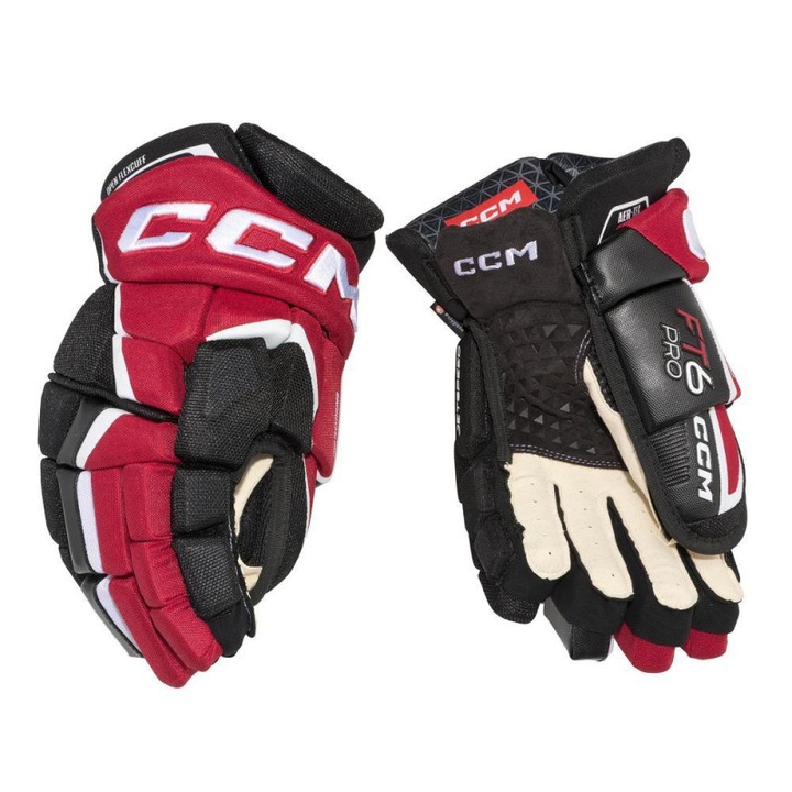 CCM, szintetikus bőr és textil jégkorong kesztyű AER-TEC rendszerrel, Sensalast Pro tenyérrel és könnyű JetSpeed FT6 Pro védelemmel, fekete/piros/fehér, 11''/28 cm