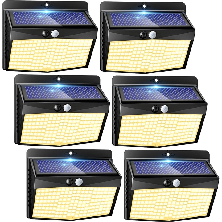 Set 6 Lampi Solare Exterioare cu Senzor Miscare, 3 Moduri, Alb Cald, 2-3m
