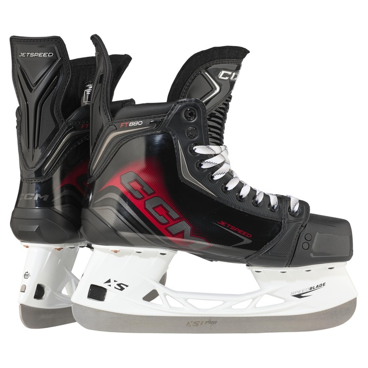 CCM, kompozit hoki korcsolya, TotalDri Pro bélés, ADPT Memory Foam, 7 mm-es nyelv fűzővédelemmel, Speedblade XS XS1 Pro pengével, JetSpeed FT880, fekete/piros, JR-INT 6.5 / 41 EU, széles