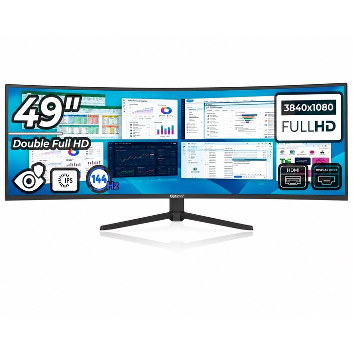 Monitor LED Office Pro Curbat 49 inch OptimX MT49J-1, Double Full HD 3840 x 1080, 144Hz, 2x HDMI, 2x DisplayPort, No Frame, RGB Light