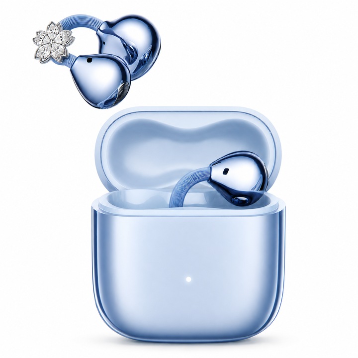 Casti Open-Ear Premium, VeReTech, Clip-On din Silicon, cu Cercei Cristal, True Wireless, Bluetooth 6.0, High Definition Sound, Music Mode si Game Mode, Control Tactil Intuitiv, Carcasa de Incarcare 300mah, pana la 42 Ore de Functionare, IP55, Albastru