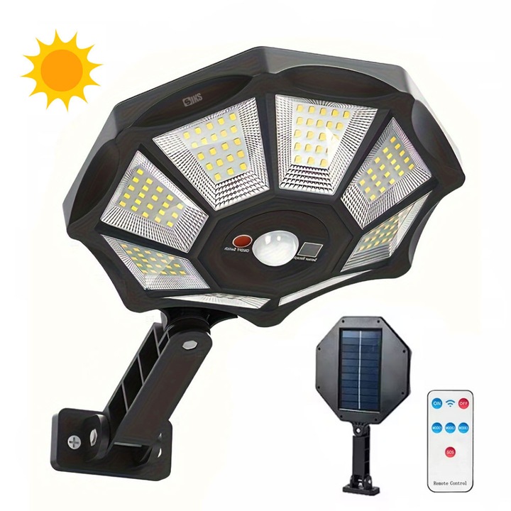 SIKS kültéri napelemes fali lámpa, 168 LED, beltéri / kültéri, otthoni, kerti, kocsibeálló, kerítés, reflektor 3 üzemmóddal, távirányítóval, napelemes töltéssel, mozgás- és fényérzékelővel, ZB168A, fekete