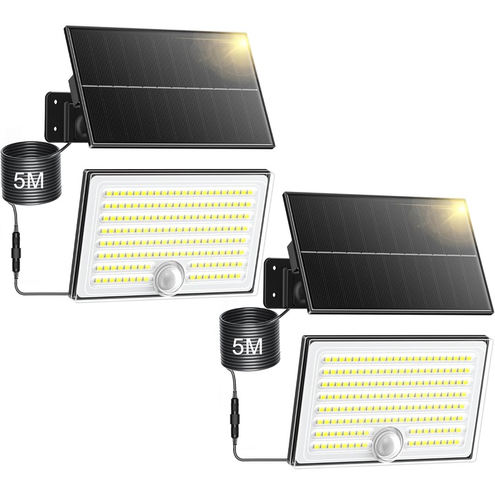 Lampa solara de exterior cu senzor miscare, 170 LED, alb rece, IP65, 2 buc, 1500mAh, 2.2W, cablu 5m